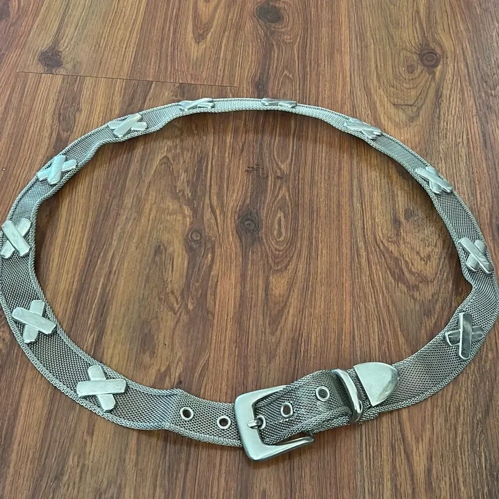 Vintage silver mesh belt with Criss Cross belt reversible brown black silver buc